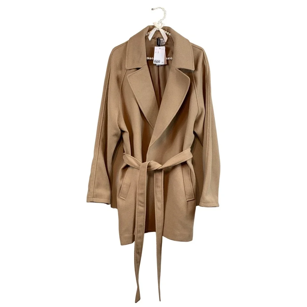 H&M Divided Camel Tan Belted Wrap Coat Notched Lapel XL NEW